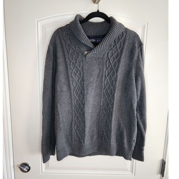 Nautica Dark Gray Cable Knit Shawl Collar Sweater Adult XL Pullover Preppy - Picture 1 of 6